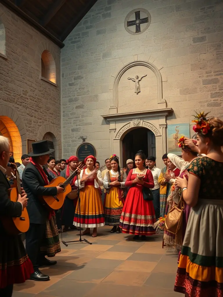 A photograph of a cultural event held at the Sainte-Brigitte Chapel, featuring traditional music, dance, and local crafts, celebrating the region's heritage.