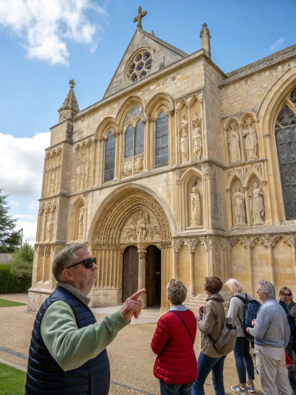 A photograph of children participating in an educational tour of the Sainte-Brigitte Chapel, with a guide explaining the chapel's history and significance.