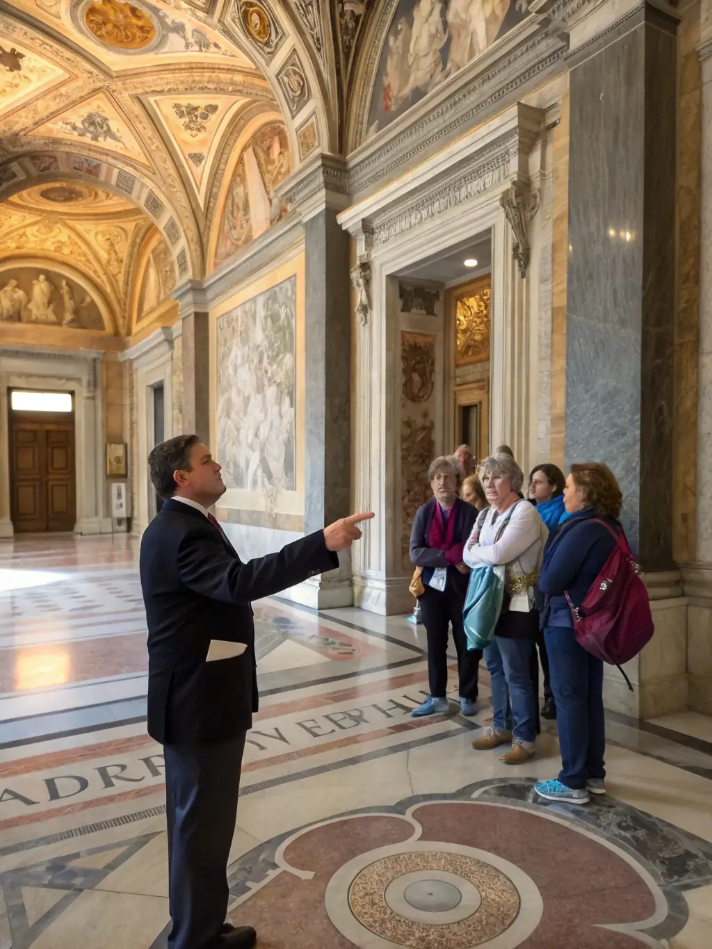 A photograph showing participants on a guided tour of the Sainte-Brigitte Chapel, led by a knowledgeable guide who is pointing out key architectural features and historical details.