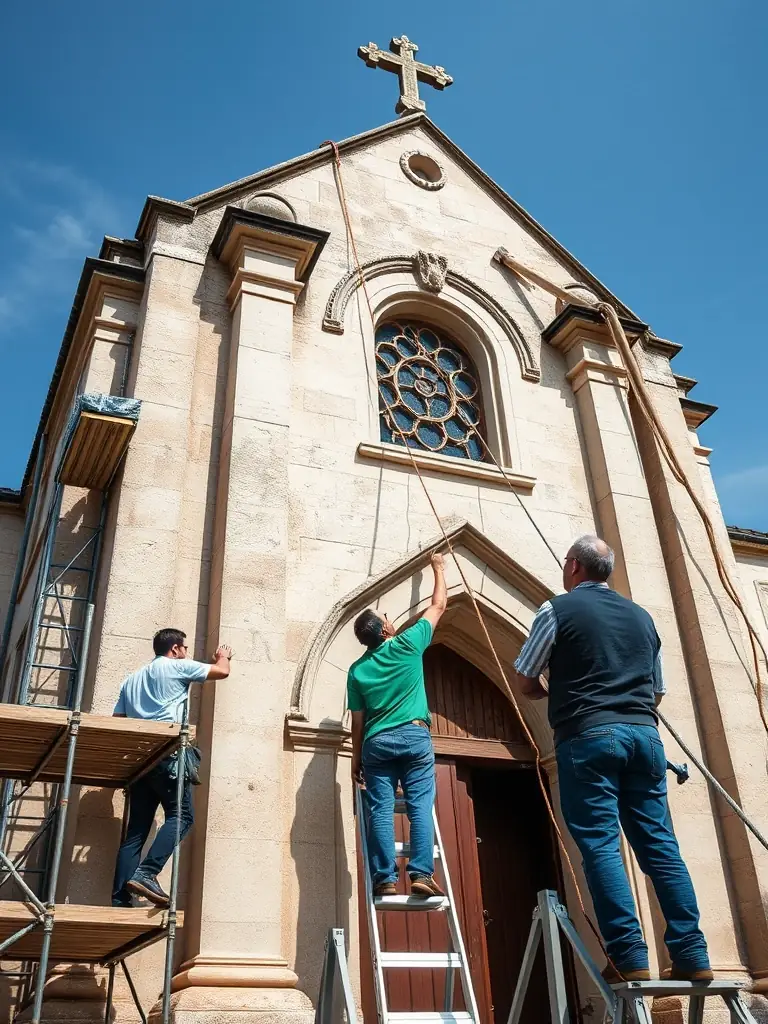A photograph capturing volunteers working on the chapel's stone facade, carefully cleaning and repairing the ancient stonework, showcasing the dedication to heritage restoration.