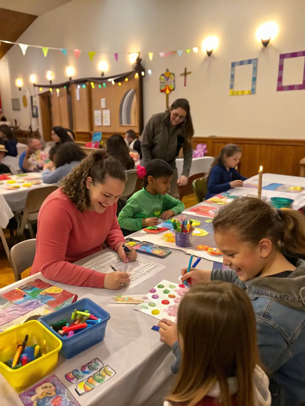 A vibrant image of a community workshop taking place inside the Sainte-Brigitte Chapel, with participants of all ages engaged in learning about traditional building techniques.